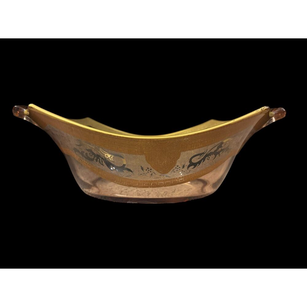 Vintage Pink Art Deco Depression Glass Console Bowl with Gold Gilt Trim Etched